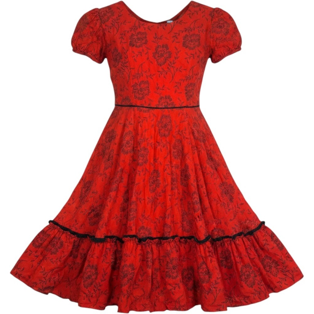 Vintage 1960s Handmade Red Floral Western Square Dance Dress Puff Sleeve Small